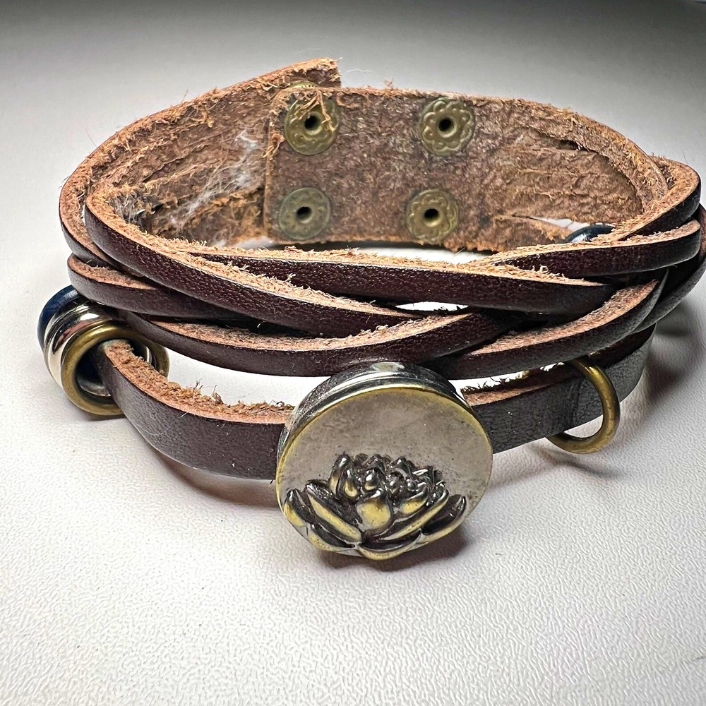 Brown Braided Leather Wrap Bracelet Adjustable Snap Flower Dangle Charm 8 in